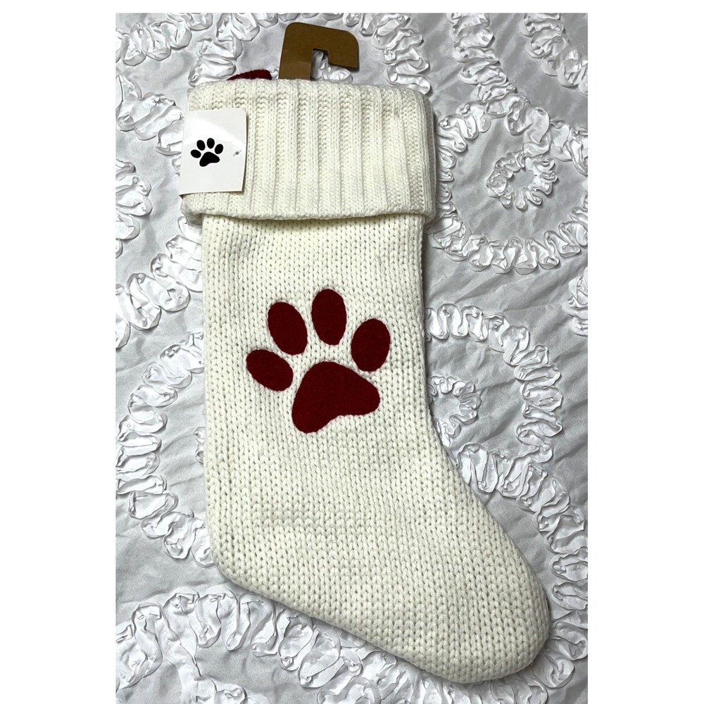 Cream Knit Christmas Stocking Burgundy Paw Print Holiday Decor Pet‎ Lover 20"